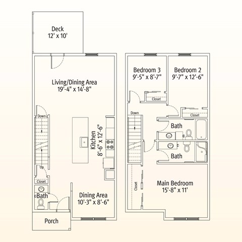 Floor plan for 3 beds, 2.5 baths, 1500 sqft